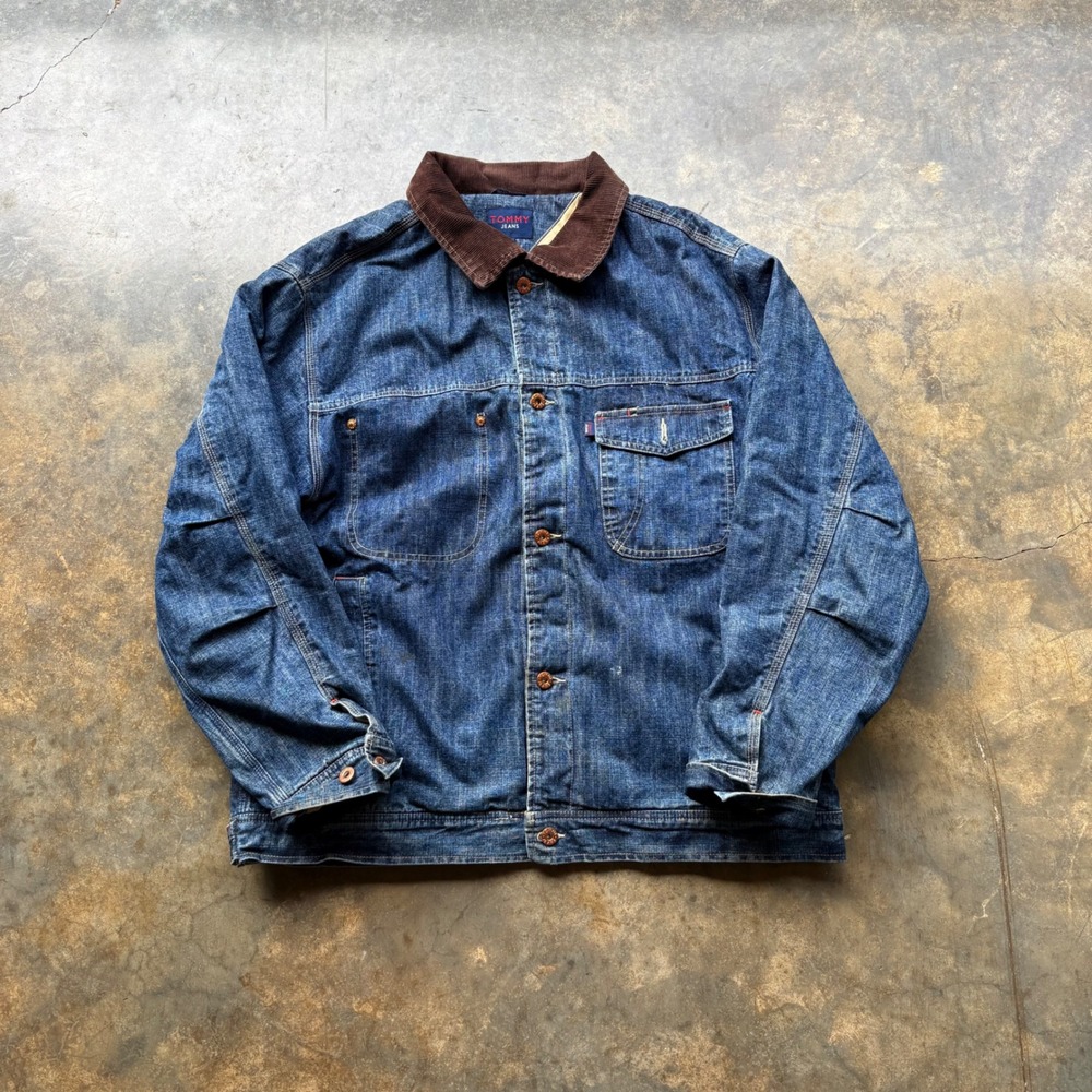 Tommy Jeans Mens Vintage Denim Chore Jacket Corduroy Collar Quilted Lined Blue L